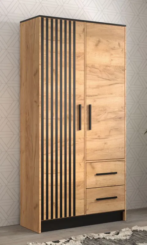Schmaler Kleiderschrank mit genügend Stauraum Marmolada 44, Farbe: Eiche / Schwarz - Abmessungen: 202 x 103 x 40 cm (H x B x T), mit modernen Design