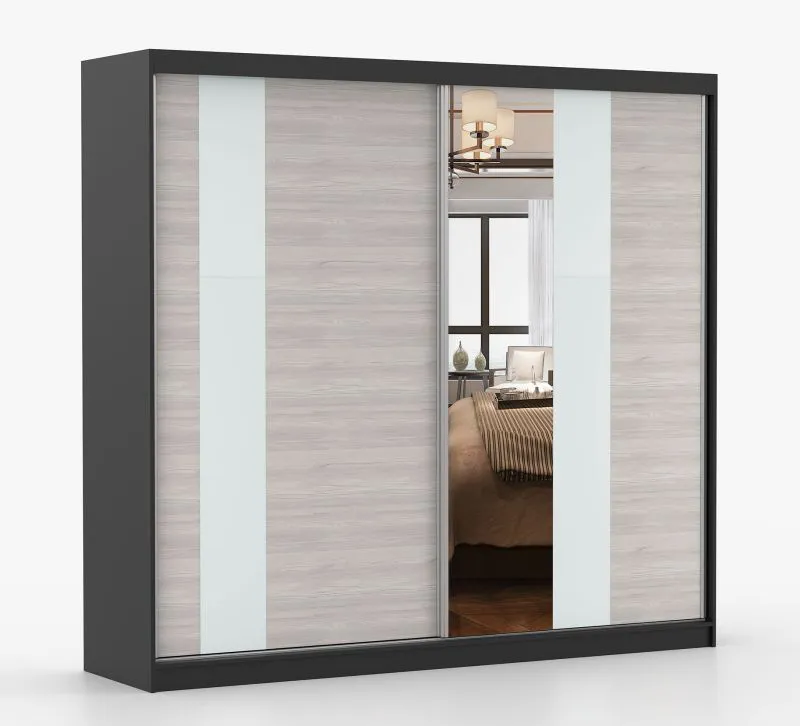 Kledingkast / schuifdeurenkast, 2,3 meter breedte / Gorski 62 / grijs-wit / zwart / met spiegel / 2 deuren / handgrepen: metaal / 218 x 233 x 61 cm