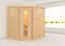Sauna "Kirsa" met boven lijst en energiebesparende deur - Kleur: Naturel - 224 x 184 x 202 cm (B x D x H)