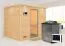 Sauna "Leja" SET met heldere glazen deur, boven lijst & kachel BIO 9 kW - 259 x 210 x 205 cm (B x D x H)