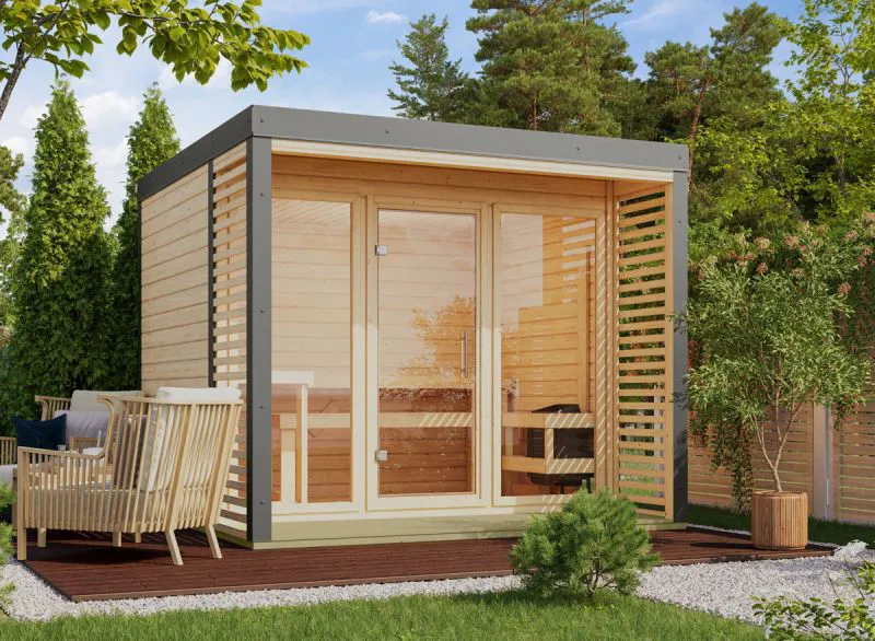 Buiten sauna / saunahuis Bugnara 03 / Noordse spar / 38 mm wand dikte / Metalen frame: Grijs / 276 x 276 x 232 cm / 9 kW kachel met bedieningseenheid / 3 espen banken