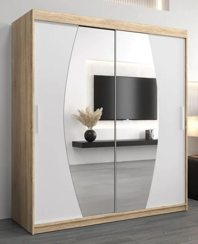 Schuifdeurkast / kledingkast Calvitero 04 met spiegel, kleur: sonoma eiken / mat wit - afmetingen: 200 x 180 x 62 cm ( H x B x D)