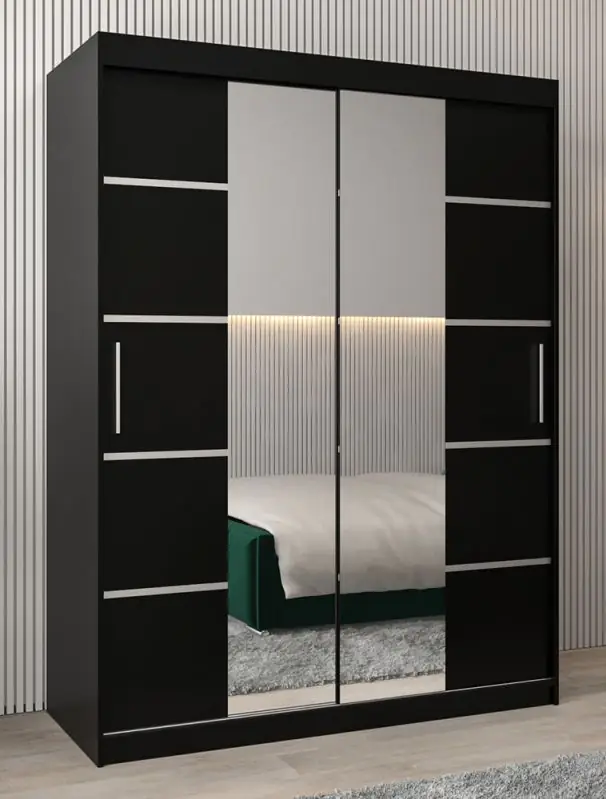 Schuifdeurkast / kledingkast Jan 03D met spiegel, kleur: Zwart - Afmetingen: 200 x 150 x 62 cm (H x B x D)