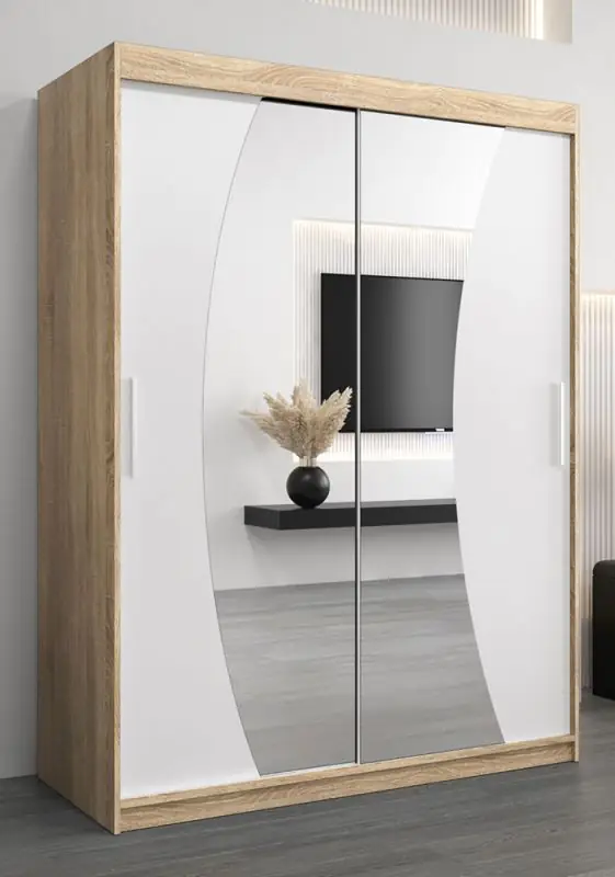 Schuifdeurkast / kleerkast Combin 03 met spiegel, kleur: sonoma eiken / mat wit - afmetingen: 200 x 150 x 62 cm (H x B x D)