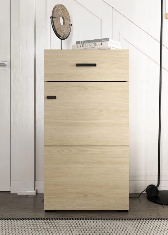 Kommode | 1 Schublade | Farbe: Eiche light Port | 1 Drehtür | ABS-Kanten | 3 Fächer | Maße: 51,5 x 35 x 98 cm | Griffe & Beine: Schwarz | für den Eingangsbereich
