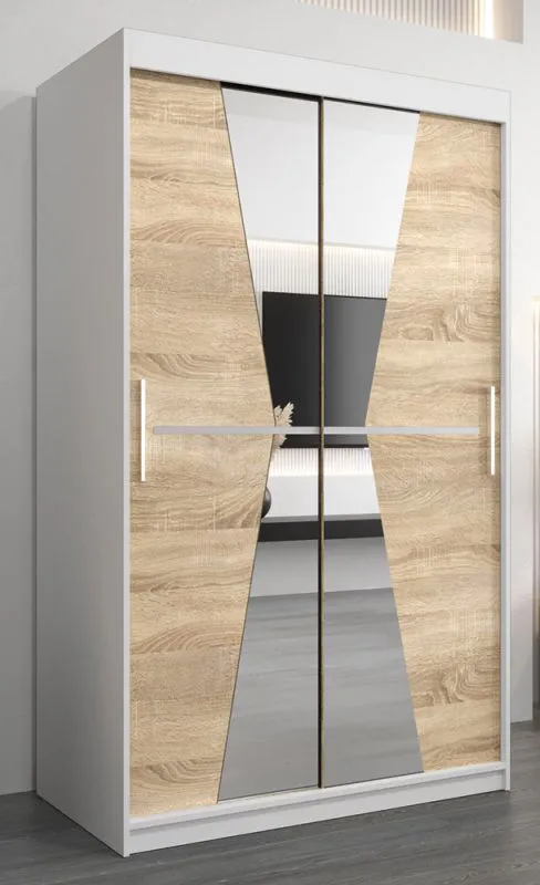 Schuifdeurkast / kledingkast Naranco 02 met spiegel, kleur: mat wit / sonoma eiken - Afmetingen: 200 x 120 x 62 cm ( H x B x D)