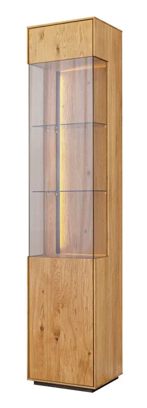 Vitrine kast Sienne 01, linksdraaiende deur, in geolied wild eiken, 205 x 43 x 37 cm, 1 deur, 5 schappen, 6 vakken, push-to-open systeem, massief hout