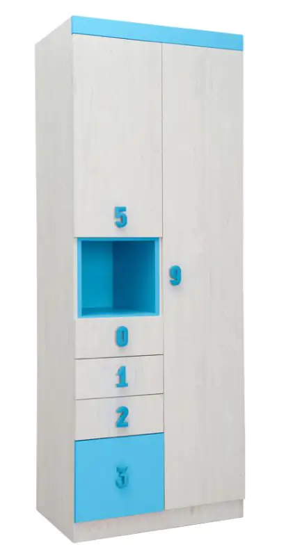 Kinderkamer - draaideurkast / kleerkast Luis 11, kleur: eiken wit / blauw - 218 x 80 x 52 cm (H x B x D)