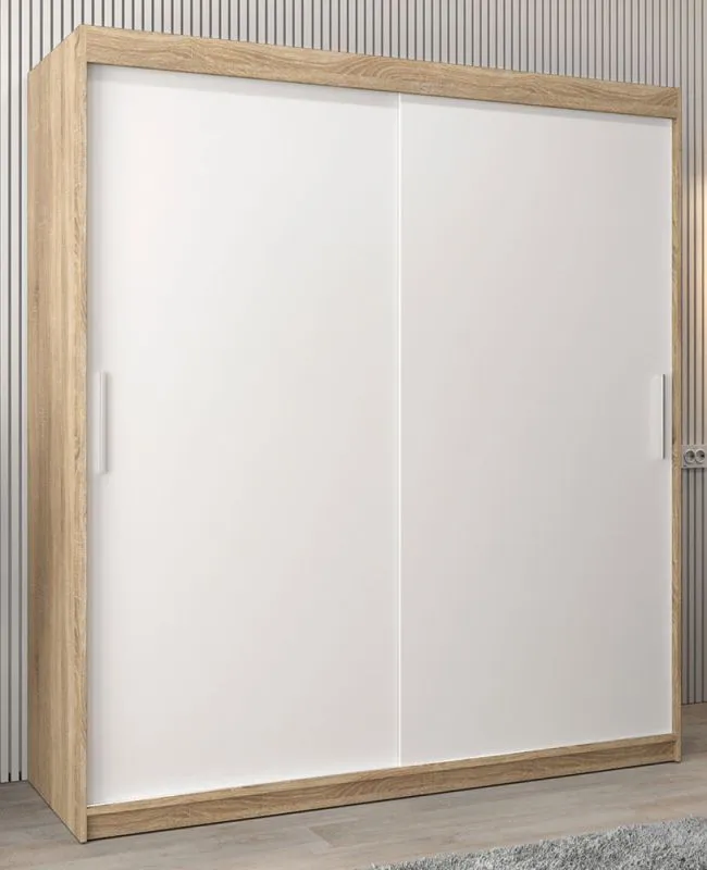 Schuifdeurkast / kledingkast Bisaurin 4A, kleur: sonoma eiken / mat wit - afmetingen: 200 x 180 x 62 cm ( H x B x D)