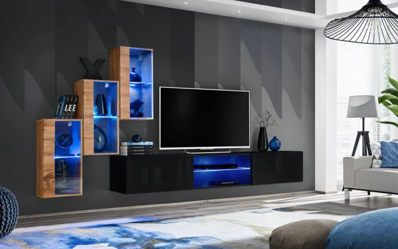 Woonwand in het elegante Volleberg 29-design, kleur: eiken Wotan / zwart - Afmetingen: 120 x 210 x 40 cm (H x B x D), met blauwe LED verlichting