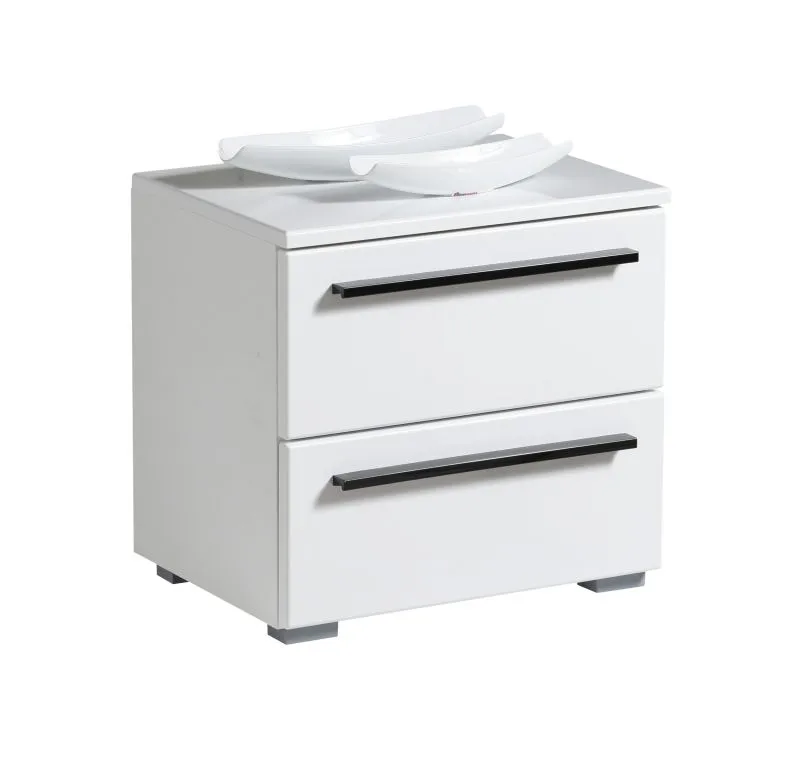 Night cabinet with two drawers Banat 11, color: white / hoogglans wit, ABS edge protection, dimensions: 42,5 x 44,5 x 33,5 cm, good to combine with other items, handles: metal
