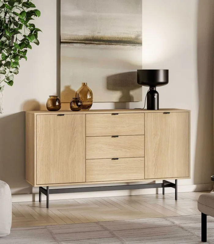 Ladekast / commode / kleur: Mavelie eiken / 2 draaideuren / Soft-Close functie / 3 volledig uitschuifbare laden / 4 vakken / 150 x 40 x 85 cm / hoogwaardige afwerking / sideboard