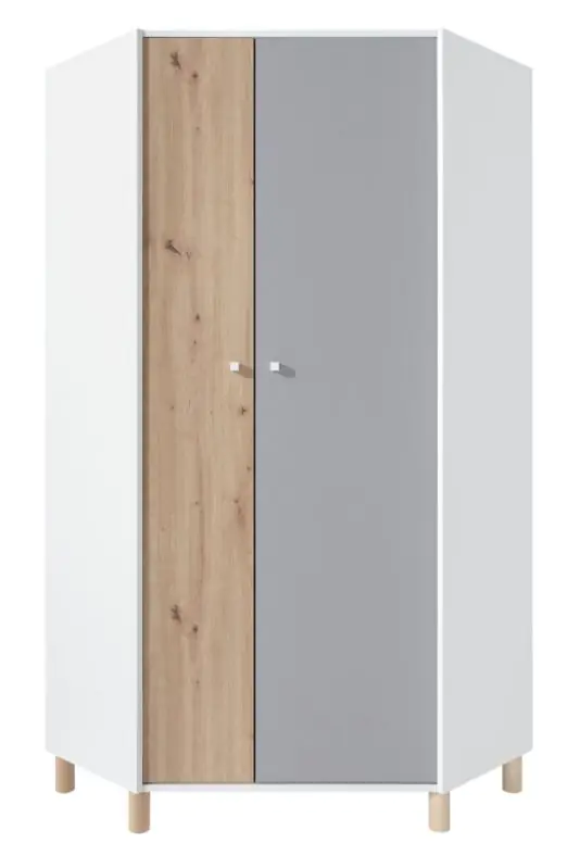 Jeugdkamer / tienerkamer - kledingkast / hoekkast Burdinne 02, kleur: wit / eiken / grijs - afmetingen: 190 x 90 x 90 cm (H x B x D)