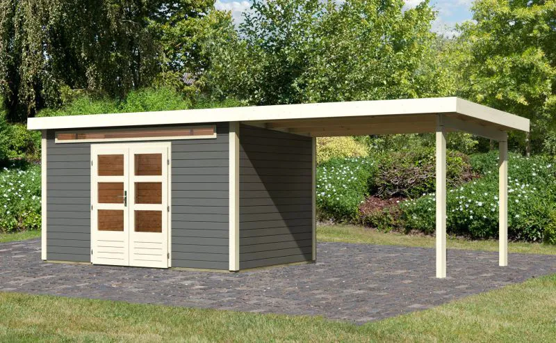 Berging / tuinhuis SET terra grijs met aanbouwdak 3,2 m breed, grondoppervlakte: 8,6 m²