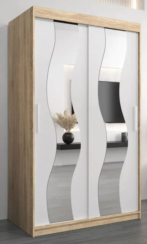 Schuifdeurkast / kledingkast met spiegel Hacho 02, kleur: Sonoma eiken / mat wit - afmetingen: 200 x 120 x 62 cm ( H x B x D)