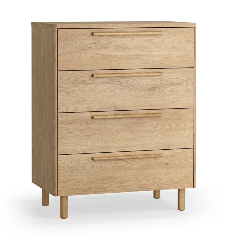 Ladekast / commode | 4 ruime lades | Kleur: eiken | Handgrepen en poten: eikenhout | 83 x 46 x 105 cm | Soft-Close functie | ergonomische handgrepen | natuurlijk design