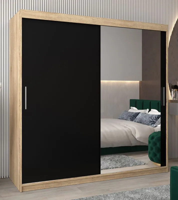 Schiebetürenschrank / Kleiderschrank Bisaurin 5C mit Spiegel, Farbe: Eiche Sonoma / Schwarz - Abmessungen: 200 x 200 x 62 cm ( H x B x T)