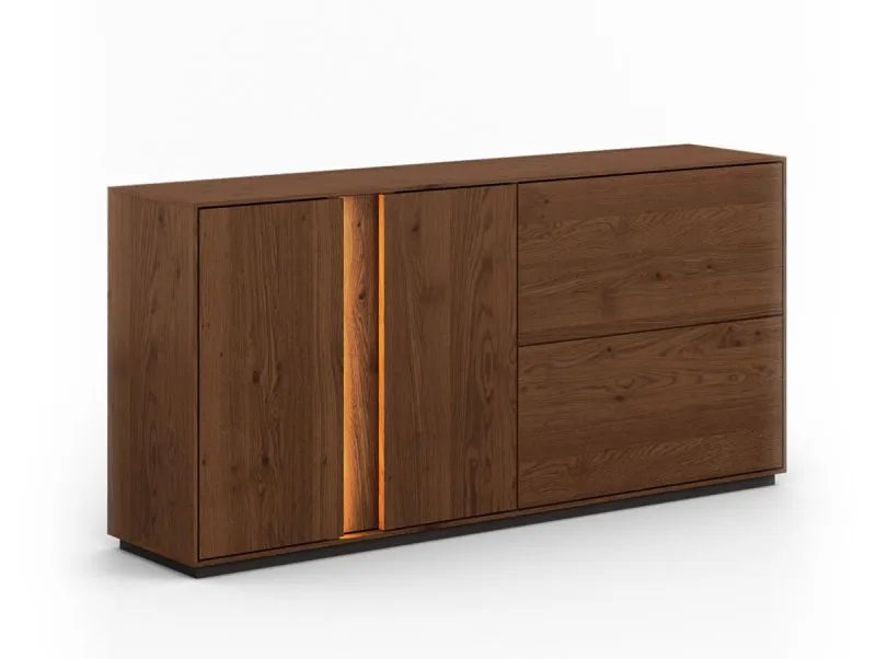 Dressoir / ladekast Sienne 05, massief wild eiken, geborsteld, in Tabacco geolied, push-to-open functie, afmetingen: 79 x 165 x 43,5 cm, zes vakken, incl. LED-verlichting