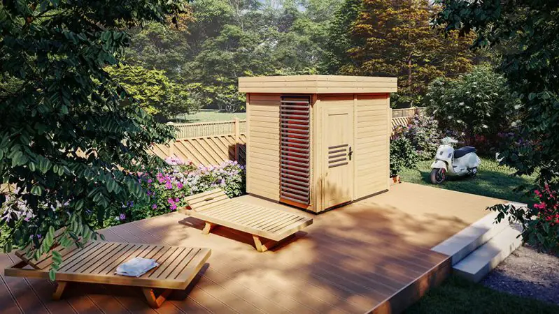 Buiten sauna / saunahuis Tihama 40mm met raam, kleur: natuur /transparant eiken - buitenafmetingen (b x d): 254 x 204 cm