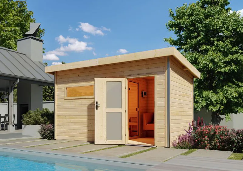 Saunahaus "Linnea 3" SET mit Milchglastür & Ofen 9 kW - 396 x 231 cm (B x T), Grundfläche: 8,4 m²