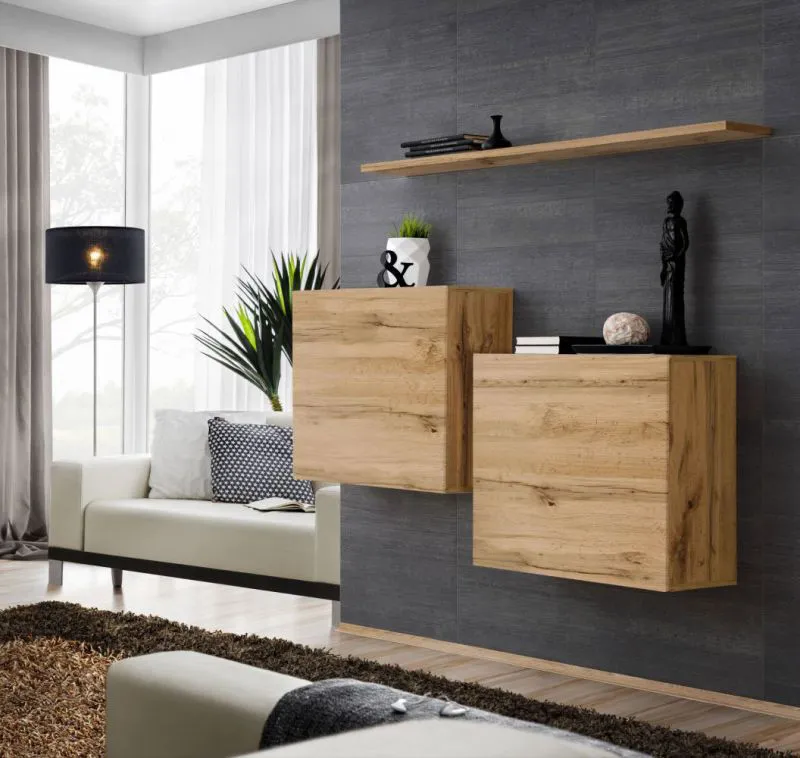 Set van 2 moderne hangelementen met wandplank Balestrand 324, kleur: Wotan eik - Afmetingen: 110 x 130 x 30 cm (H x B x D), met vier vakken