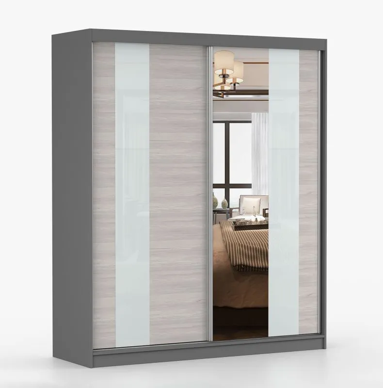 Kleiderschrank / Schiebetürenschrank 1,8 Meter breit | Gorski 07 | Grau-Weiß / Grau | mit Spiegel | 6 Fächer | Griffe: Metall | 218 x 183 x 61 cm