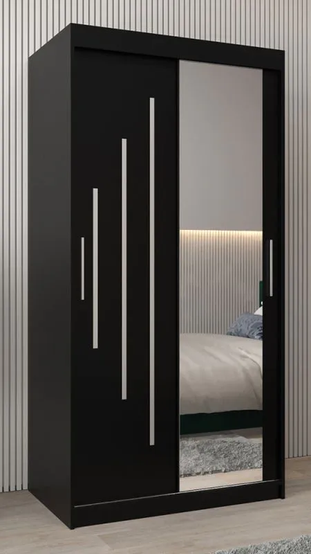 Schuifdeurkast / kledingkast met spiegel Tomlis 01B, kleur: Zwart - Afmetingen: 200 x 100 x 62 cm (H x B x D)