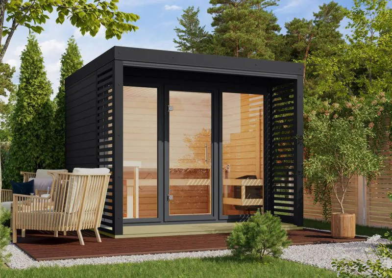 Buiten sauna / saunahuis Bugnara 03 / antraciet / 38 mm wand dikte / metalen frame: Antraciet / 276 x 276 x 232 cm / 9 kW kachel met bedieningseenheid / 3 espen banken