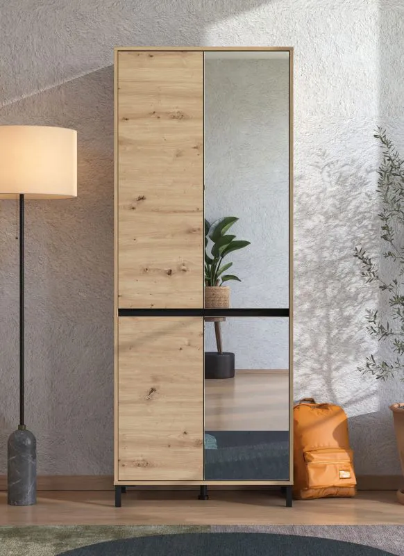 Garderobekast / 2 Deuren met spiegel / kleur: Artisan eiken / 9 vakken / afmetingen: 80 x 40 x 205,5 cm / 4 vleugeldeuren / ABS randen / voor de hal