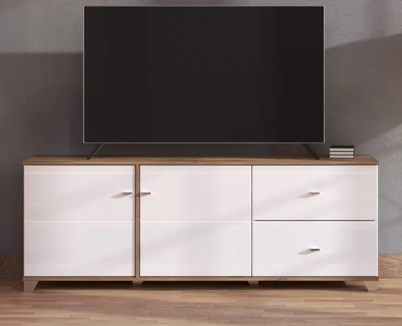 TV-meubel / TV-plank met twee deuren Kanjiza 05, kleur: eiken Flagstaff / wit / wit hoogglans, twee laden, vier vakken, afmetingen: 59,5 x 162 x 40 cm