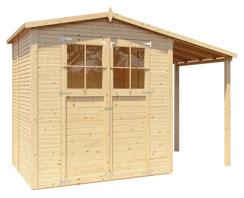 Tuinhuis / berging Karben 02 met aangebouwd dak, onbehandeld - tuinhuis 18 mm, bruikbare oppervlakte: 5,08 m², zadel dak