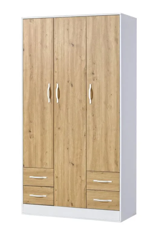 Kledingkast | Draaideurkast | 3-deurs | 120 x 50 x 225 cm | Kleur: eiken / wit | 3 deuren | 4 lades | 11 vakken | 1 kledingstang | Nalut 01