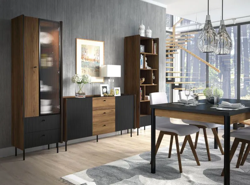 Eetkamer compleet set C Mairenke, 4 stuks, kleur: walnoten / mat zwart
