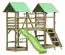 Speeltoren S17 incl. 2 torens, houten brug, golfglijbaan, 2 zandbakken, dubbele schommel, klimwand, touwladder en houten ladder - Afmetingen: 430 x 380 cm (B x D)
