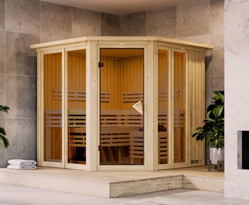 Sauna Laurino / 68 mm wand dikte / Noordse spar / 196 x 196 x 198 cm / 3 banken van espenhout / met bronskleurige deur / sierkrans en verlichting aan bovenzijde