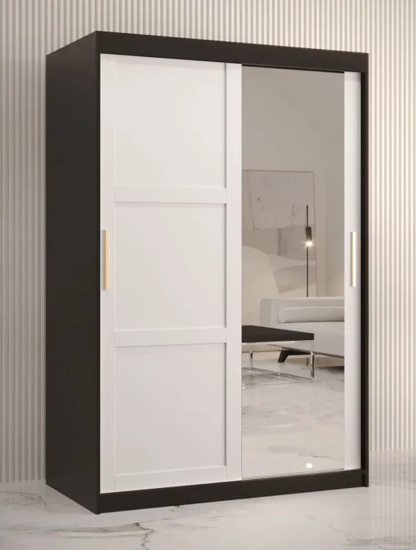 eenvoudige kledingkast met één deur met spiegel Liskamm 31, kleur: mat zwart / mat wit - afmetingen: 200 x 120 x 62 cm (H x B x D), met vijf vakken en twee kledingstangen