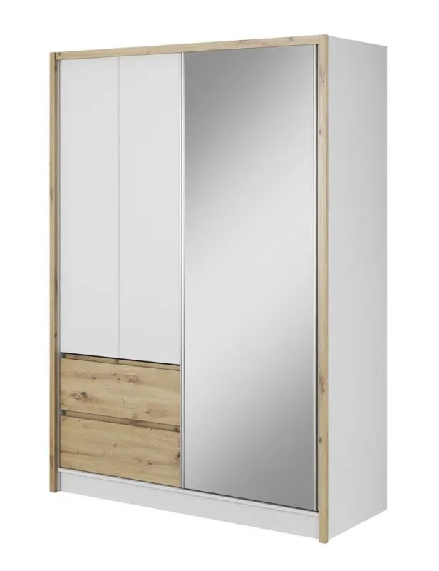 Moderner Kleiderschrank mit sechs Fächern und zwei Schubladen Kirkdale 09, Farbe: Weiß / Eiche Artisan - Abmessungen: 214 x 154 x 62 cm (H x B x T), mit genügend Stauraum