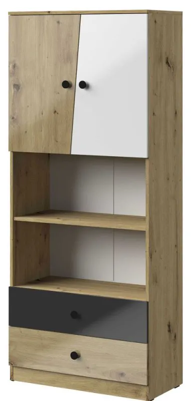 Kast Sirte 04, kleur: eiken / wit / zwart hoogglans - afmetingen: 190 x 80 x 40 cm (H x B x D)