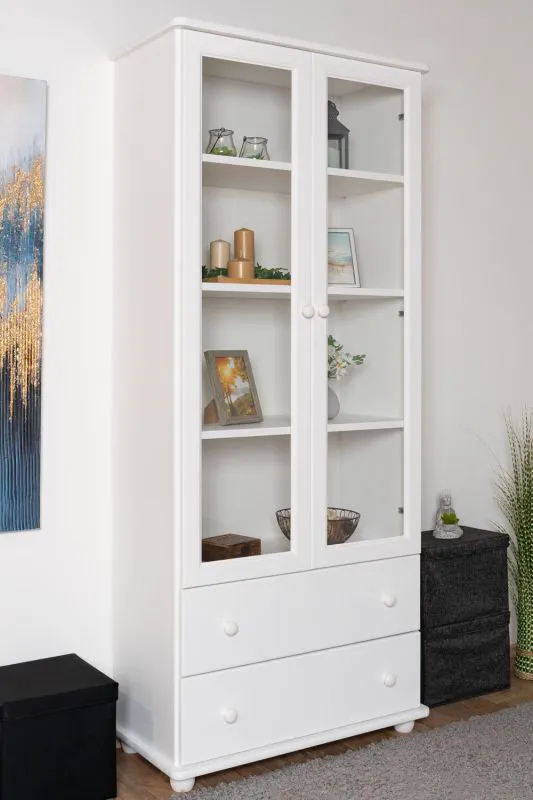 Witte massief grenen vitrinekast Junco 32, 195 x 84 x 42 cm, met 2 laden en 4 ruime vakken, hoogwaardige afwerking, functioneel ontwerp
