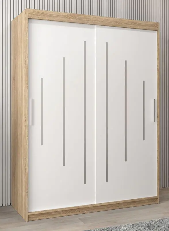 Schuifdeurkast / kleerkast Pilatus 03, kleur: Sonoma eiken / mat wit - afmetingen: 200 x 150 x 62 cm (H x B x D)