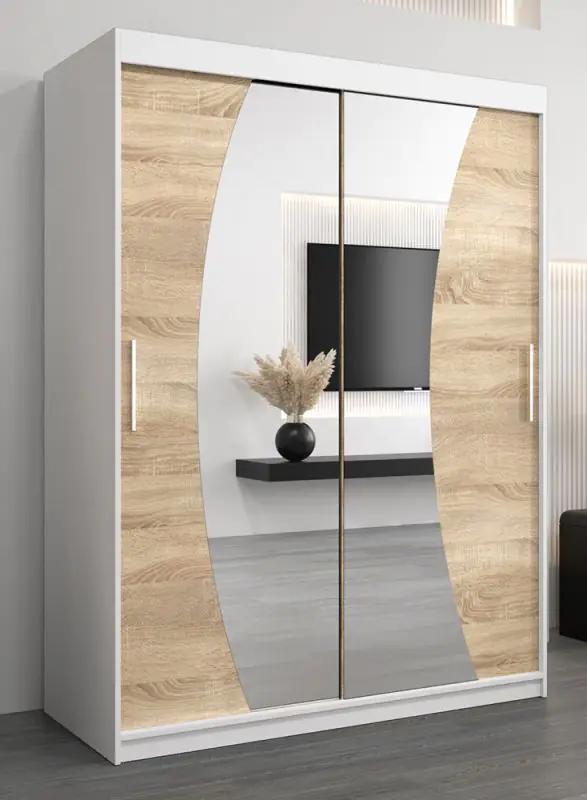 Schuifdeurkast / kleerkast Combin 03 met spiegel, kleur: mat wit / sonoma eiken - Afmetingen: 200 x 150 x 62 cm (H x B x D)