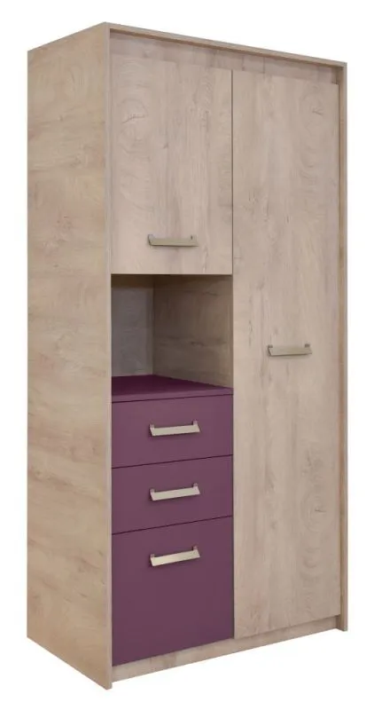 Kinderkamer - kast Koa 05, kleur: eik / violet - afmetingen: 203 x 96 x 52 cm (H x B x D)
