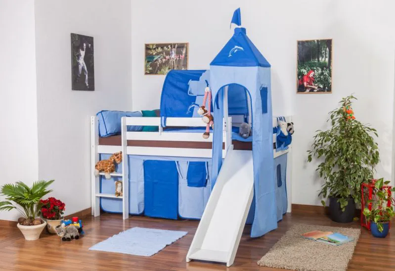 kinderbed hoogslaper Andi massief beukenhout met glijbaan en toren wit geschilderd incl. rol lattenbodem - 90 x 200 cm