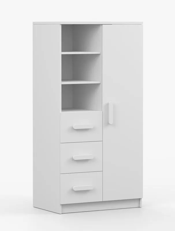 80 cm brede boekenkast | 159 x 80 x 40 cm | wit | Smolikas 49 | 3 lades | witte houten handgrepen | 7 vakken | kinderen | jeugd