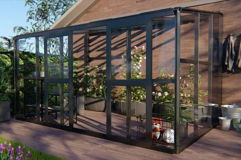 kas Thymian 01, uitvoering: dubbelwandig polycarbonaat dak 8 mm en echte glazen wand 4 mm, afmetingen: 242 x 392 x 237 cm (L x B x H), kleur: zwart