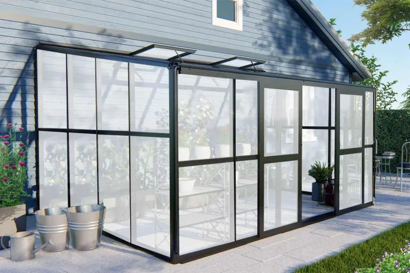 aanbouw kas Thymian 02, uitvoering: 8 mm dubbelwandige platen, afmetingen: 320 x 392 x 250 cm (L x B x H), kleur: zwart