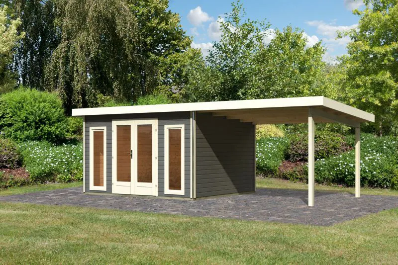 Berging / tuinhuis SET terra grijs met aanbouw dak 3,3 m, grondoppervlakte: 9,3 m²