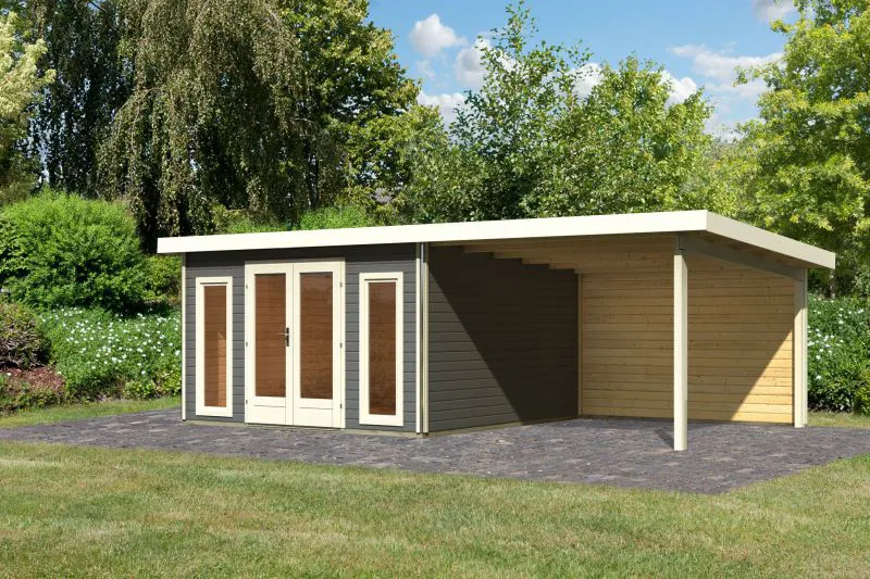 Berging / tuinhuis SET terra grijs met aanbouw dak, achterwand, grondoppervlakte: 13.32m²