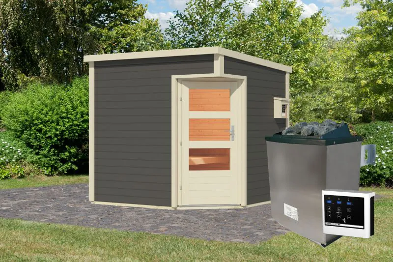 Saunahuis "Laja" SET met oven 9 kW incl. 3 banken, ovenbeschermrooster - kleur: terra grijs - 231 x 231 cm (B x D), vloeroppervlak: 4,7 m².