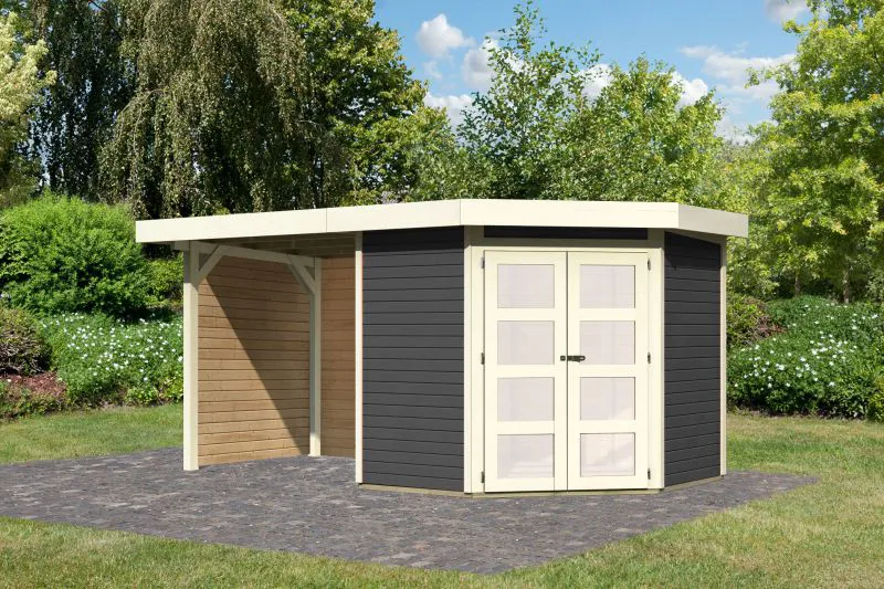 Berging / tuinhuis SET terra grijs met aanbouw dak 2,4 m breed, zij- en achterwand, grondoppervlakte: 4,45 m²